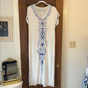 White and Blue Embroidered Kaftan Dress